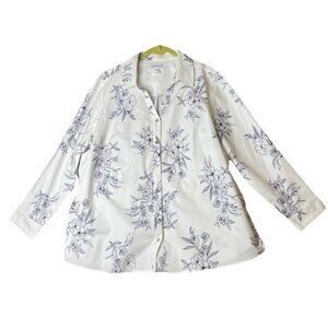 Canyon Retreat 3X Button Top‎ Blouse White Blue Floral Beach Nautical Travel